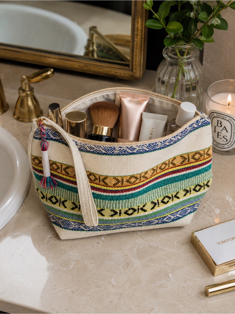 Striped Woven Cosmetic Bag with Tassel - Multi-Color